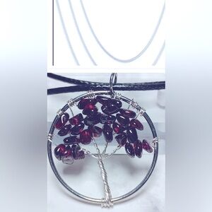 NWOT necklace Garnet stone Tree of Life .925 Sterling sp.18” chain & black cord